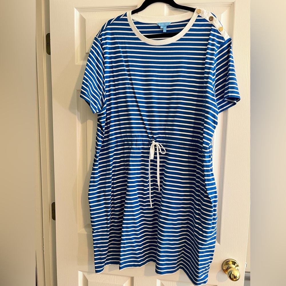 Draper James Tie Waist Striped T-Shirt Dress with Button Detail 2X